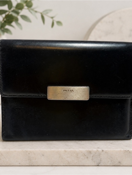 Prada Handbags - Prada Black Leather Compact Wallet with Silver Name Plate